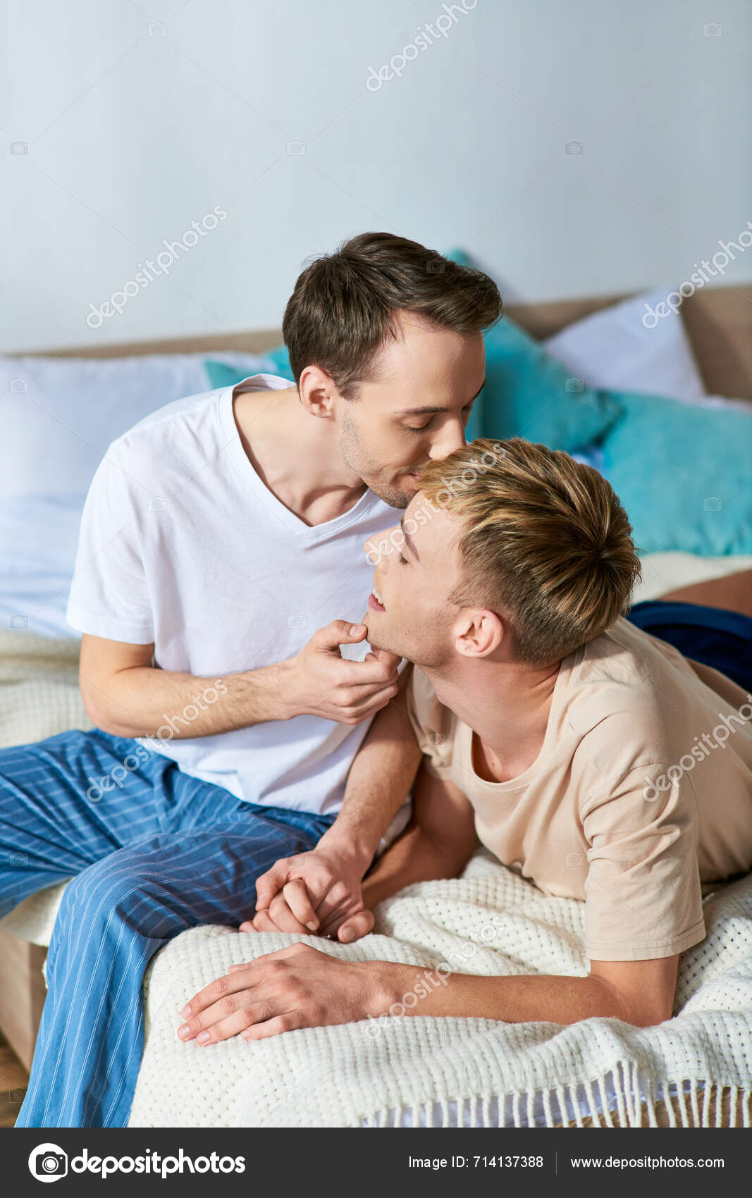 Two Men Casual Attire Relax Bed — Stock Photo © HayDmitriy 714137388