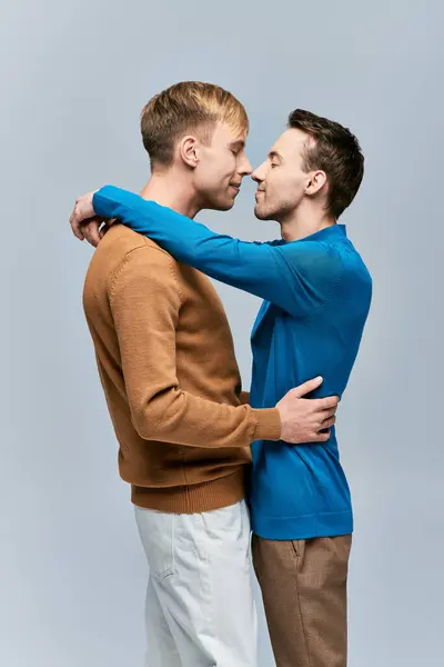Two Young Men Loving Gay Couple Casual Attire Standing Together — Stock Photo, Image