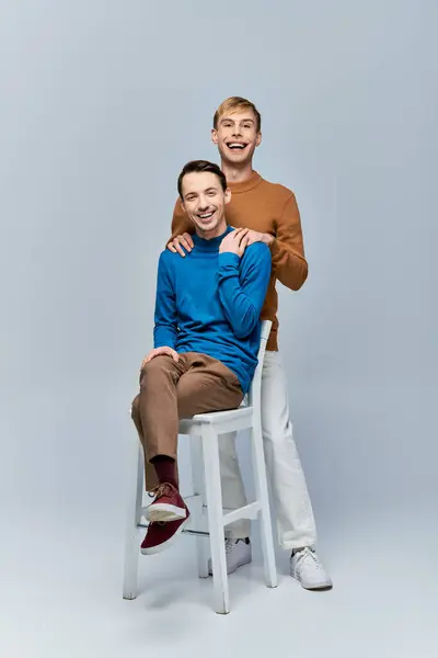 Two Men Loving Gay Couple Casual Attire Sit Stool Posing — Stock Photo, Image