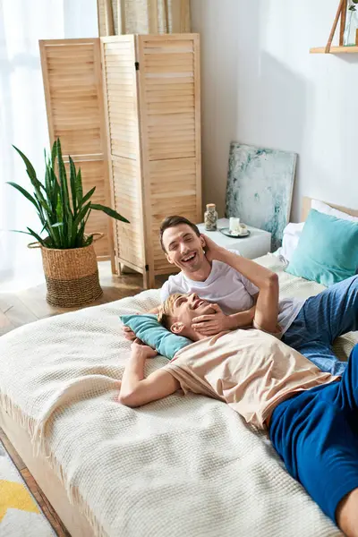 Two Men Peacefully Laying Together Bed — Stock Photo, Image