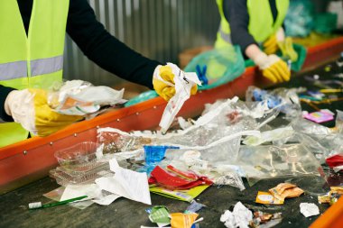 A group of eco-conscious young volunteers in yellow vests and gloves working together to sort trash.