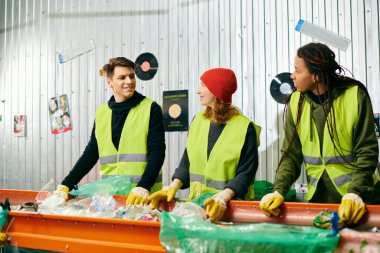 Young volunteers in safety gear sorting through piles of garbage on a table during a community cleanup effort.