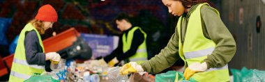 Young volunteers in gloves and safety vests sort trash on a table.
