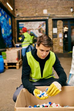 A young volunteer in a yellow vest and gloves sorts through and cleans a box of trash with an eco-conscious attitude.