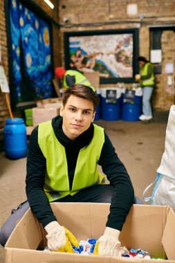 A man sits in a cardboard box filled with garbage, surrounded by young volunteers sorting trash. clipart