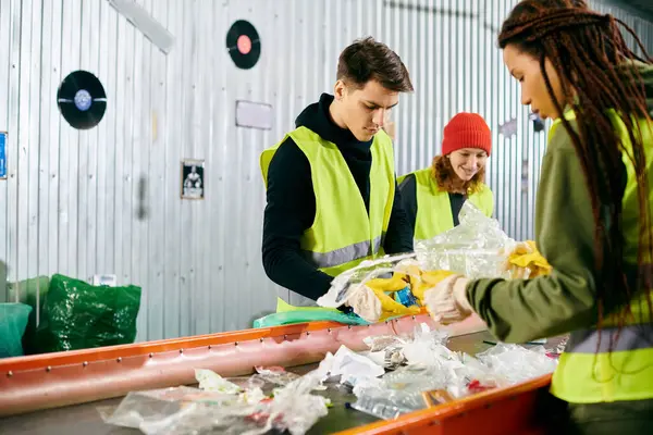 stock image Two young women in yellow vests and gloves sorting garbage in a sustainable effort.