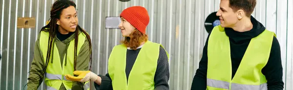 stock image Group of young volunteers in gloves and safety vests sorting trash together, demonstrating eco consciousness.