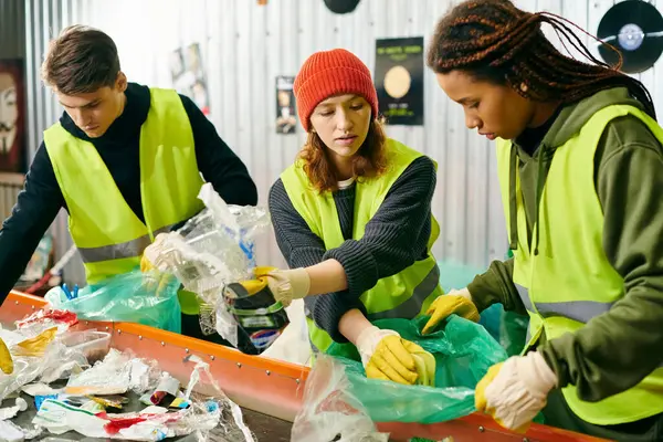 stock image Young volunteers in gloves and safety vests sorting trash together on a table filled with garbage.