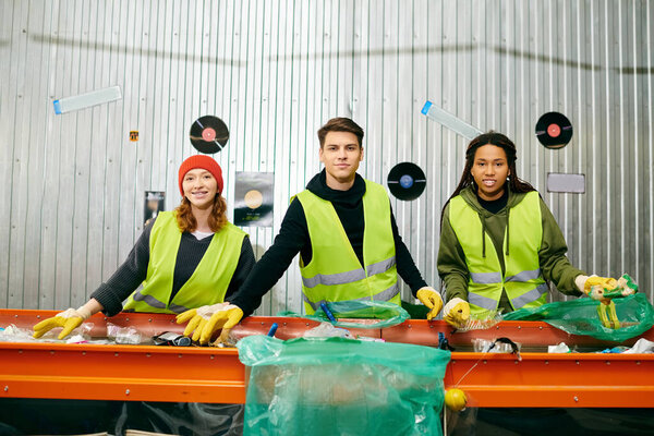 Young volunteers in yellow safety vests sorting trash at a table.