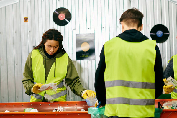 Young volunteers in gloves and safety vests stand together, sorting trash as eco-conscious individuals.