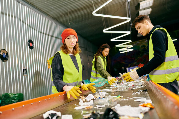 Young volunteers in gloves and safety vests sort trash on a conveyor belt while working together for a cleaner environment.