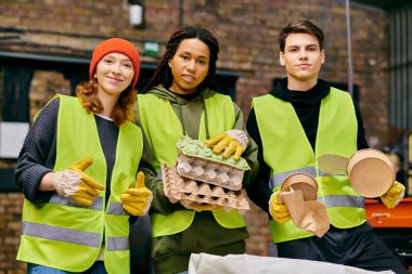 Young volunteers in safety vests sort trash, holding egg tray and other waste in their hands.