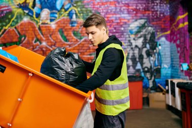 A young volunteer in a yellow vest holds a large orange trash can while sorting trash with eco-conscious individuals.