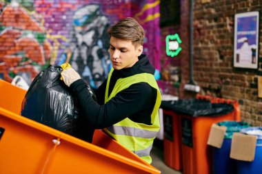 Young volunteer in a yellow safety vest holding a trash can, sorting trash for eco-conscious efforts.