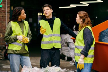 A group of eco-conscious young volunteers wearing gloves and safety vests sort through a pile of garbage together.