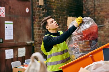 A young man in a yellow vest holds a bag of garbage while volunteering to sort trash with others.