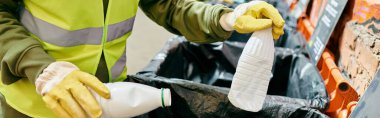 Young volunteers, in yellow safety jackets and gloves, sorting trash together with eco-conscious actions.