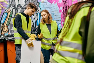 Young volunteers in gloves and safety vests sorting trash, promoting eco-consciousness in a room.