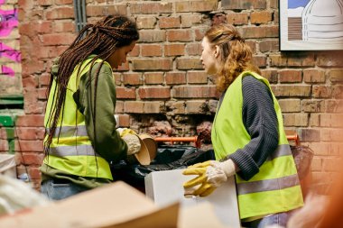 Young volunteers in gloves and safety vests work together to sort trash, showing their eco-friendly efforts. clipart