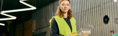 A young volunteer in gloves and safety vest, sorting food waste with care.
