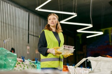 A young volunteer in a yellow vest holding a bowl of food, showcasing her eco-conscious efforts in waste sorting.