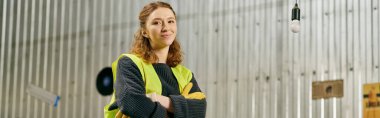 A young volunteer in a safety vest and gloves sorts waste in a warehouse, displaying eco-conscious values.