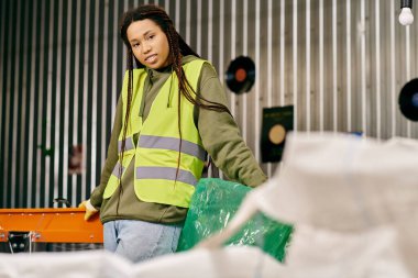 A young volunteer in a safety vest stands next to a pile of plastic bags, sorting waste to protect the environment. clipart