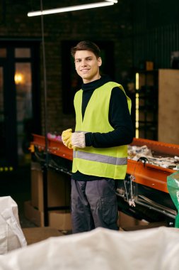 A young volunteer in gloves and a safety vest sorts waste in a warehouse, practicing eco-conscious actions.