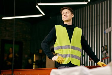 A young volunteer in safety vest and gloves sorts waste, showing eco-consciousness and dedication.