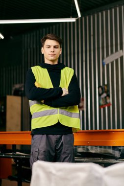 A young man in a yellow vest stands in front of a table, sorting waste and demonstrating eco-conscious actions.