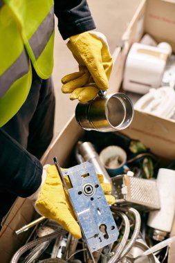 A young volunteer in a yellow safety jacket and gloves carefully holds a can while sorting waste.