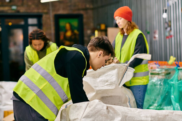 Young volunteers in gloves and safety vests sorting trash around a table filled with bags, showing eco-conscious teamwork.