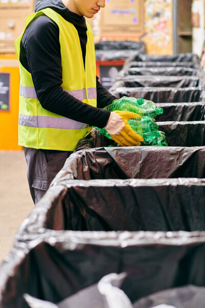 A young volunteer in a yellow vest diligently picks up trash, contributing to a clean environment.