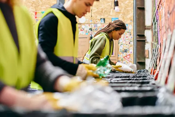 stock image Group of young volunteers in gloves and safety vests engaging in eco-conscious activities.