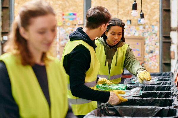 Young volunteers in gloves and safety vests sorting trash together in a community effort.