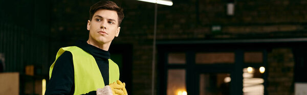 Young volunteer sorts waste in front of building, wearing gloves and a yellow safety vest.