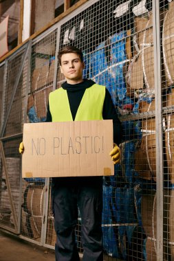 A young volunteer in gloves and safety vest sorts waste, passionately displaying a no plastic sign.