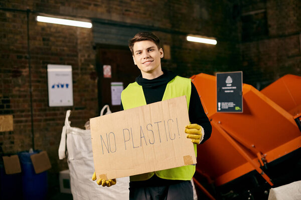 A young volunteer in gloves and safety vest holds a sign that says no plastic at a waste sorting event.