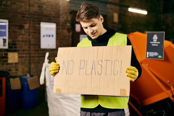 Young volunteer in gloves and safety vest promotes eco-friendly habits by advocating against plastic use.