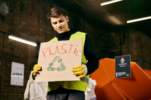 Young volunteer in gloves and safety vest sorts waste, holding a sign that reads plastic.