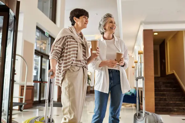 Senior Lesbian Couple Stands Luggage Ready Adventure — Foto Stock
