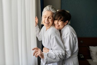 Two senior lesbian women share a tender hug in front of a window. clipart