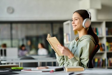 A girl immersed in a book while wearing headphones in a library, finding a blend of literature and music in her world. clipart