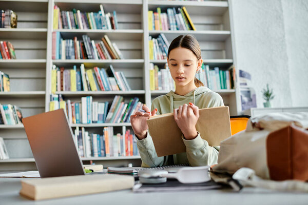 Девушка-подросток сидит за столом, погруженным в свой ноутбук, на фоне книжных полок, глубоко погруженных в современное образование.