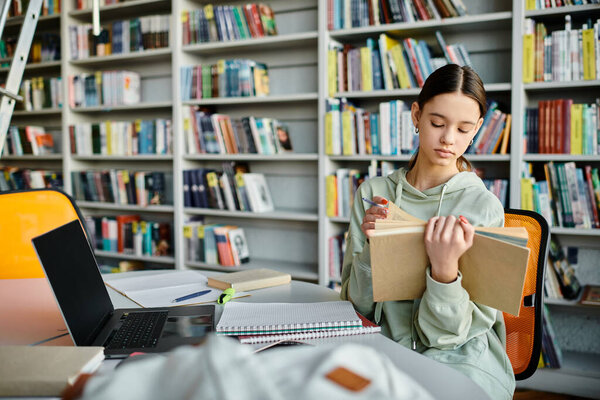 Девочка-подросток, погруженная в книгу за библиотечным столом, сосредоточенная и погруженная в чтение.