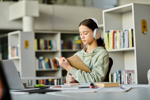 Девочка-подросток в наушниках сидит за столом в библиотеке, погруженная в выполнение домашней работы на ноутбуке после школы.