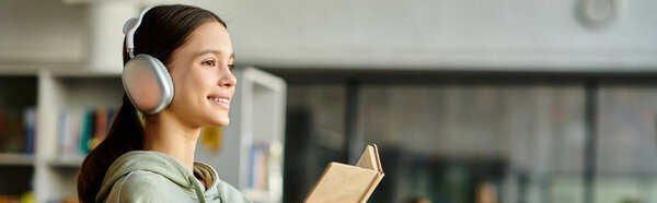 Девушка в наушниках, погруженная в книгу, смешивающая чтение и музыку для гармоничного обучения.