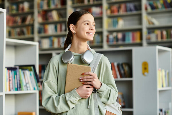 девочка-подросток в библиотеке, поглощенная книгой, занимающаяся внешкольным изучением.
