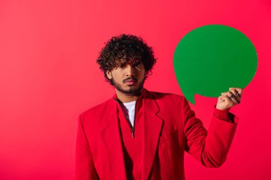 A young Indian man in a red jacket holds a green speech bubble. clipart