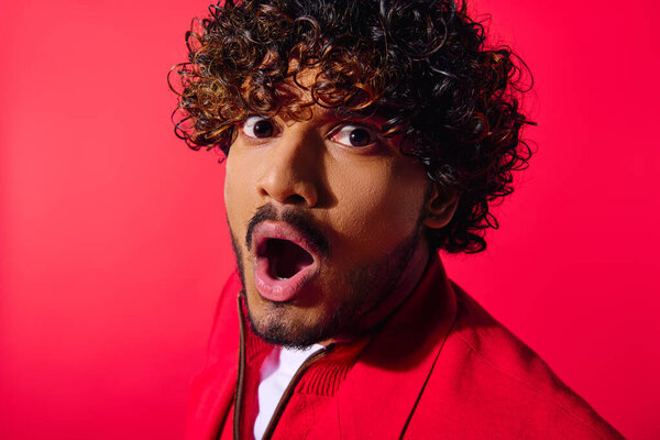 Handsome young Indian man with curly hair looks surprised in a vibrant outfit.